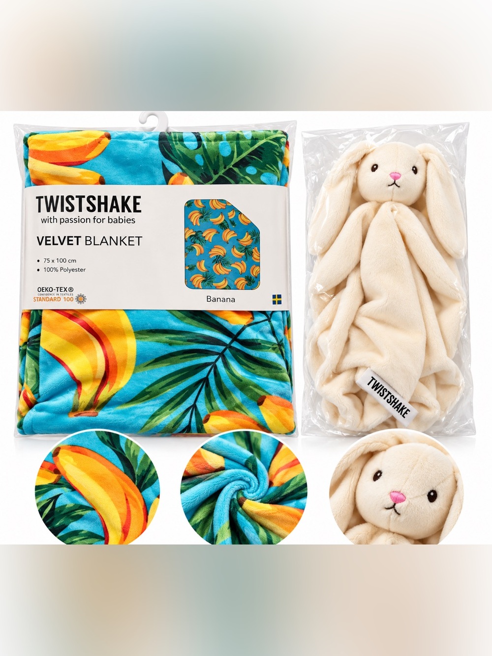 Twistshake Banana Velvet Blanket with Cream Bunny Plush